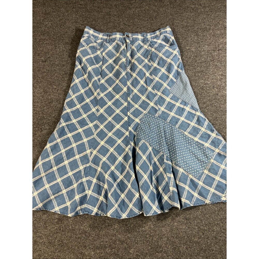 Vtg Lauren Jeans Co Ralph Lauren Blue Patchwork Plaid Linen Midi Skirt Y2K Sz 12